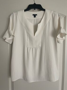 Ann Taylor Ivory Split-Neck Ruffle Sleeve Blouse
